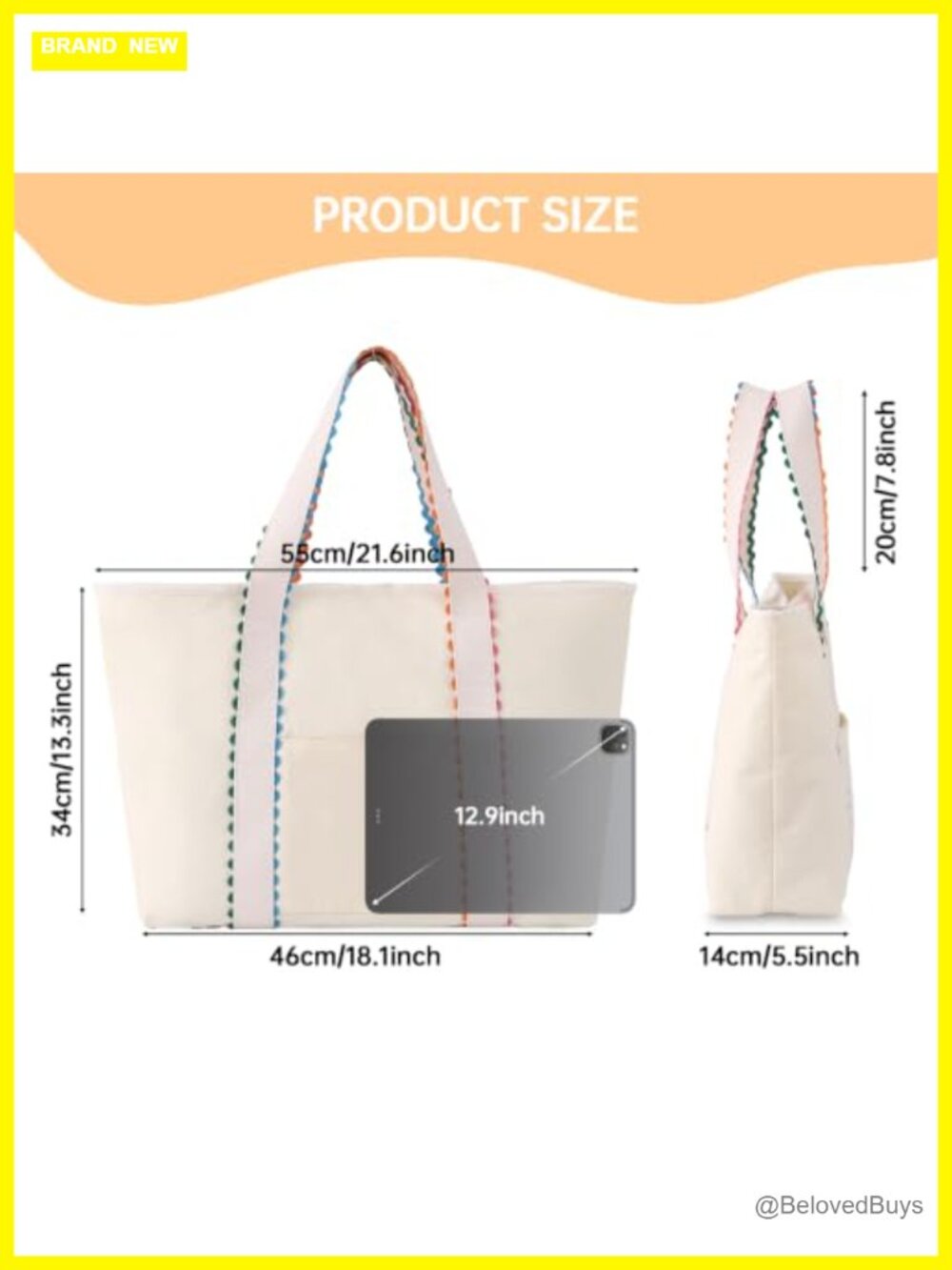 Large Cotton Canvas Tote Bag with Rainbow Rick Rack Trim, Magnetic Snap - Picture 3 of 6